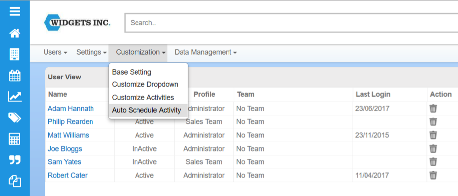 select auto schedule activity menu item in BuddyCRM